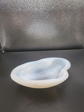Vintage 1960s Blenko White/Blue Free Form Art Milk Glass Ashtray/Candy Dish